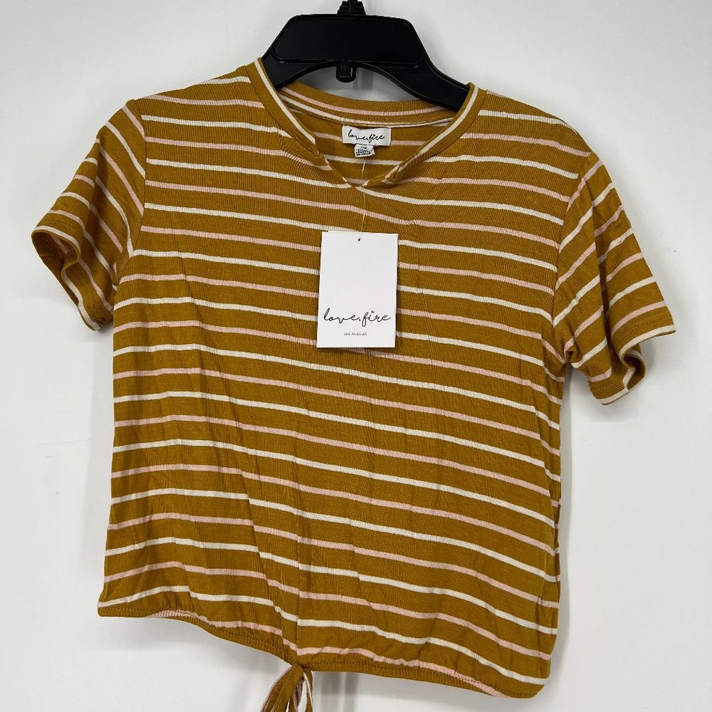 Love, Fire Girl's Stripe Tie Front Cropped Tshirt Shirt Mustard Yellow Small NWT